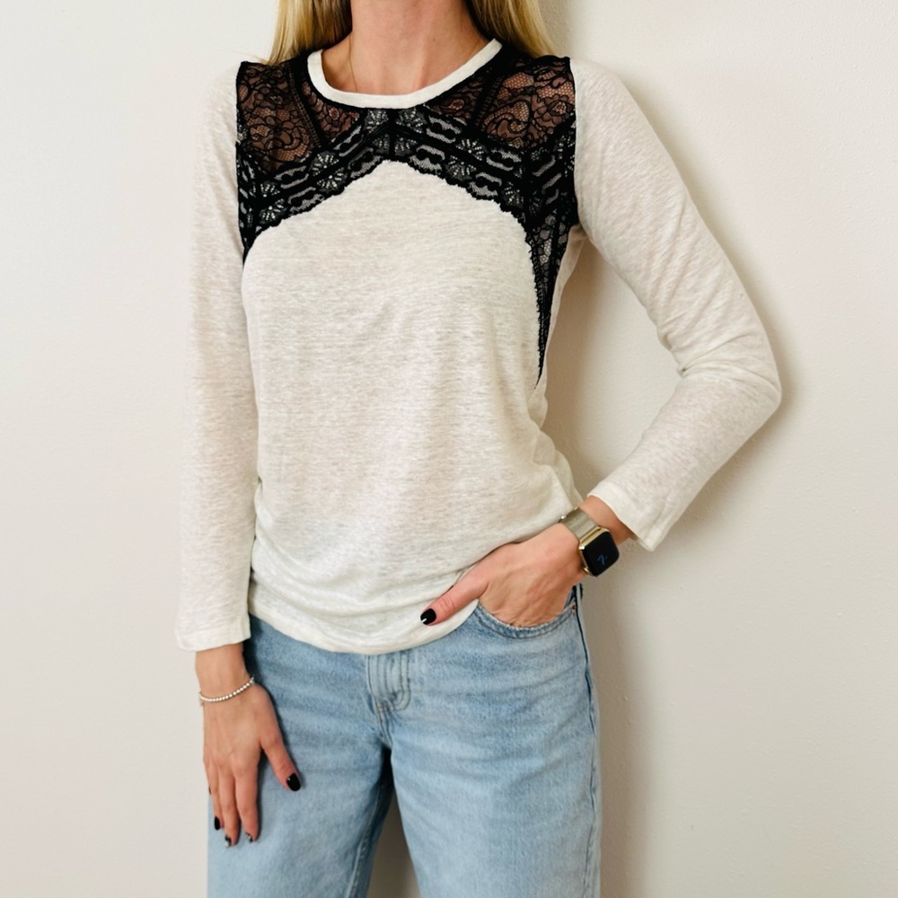 Sandro white linen black floral lace long sleeve T-shirt blouse top - Picture 2 of 10